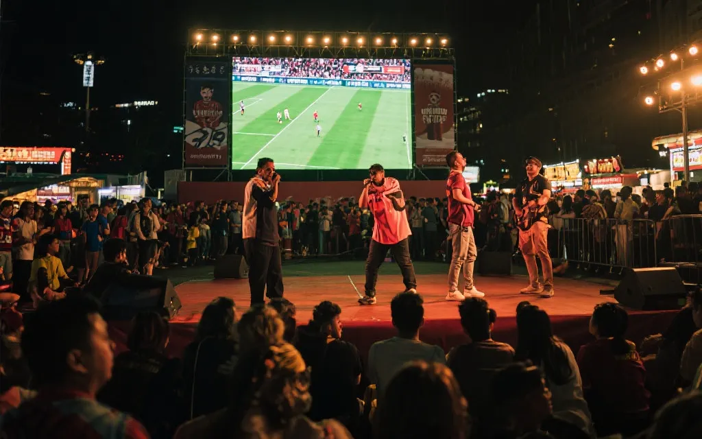 球迷广场的大屏幕与多元人群，街头文化表演与夜市灯光
