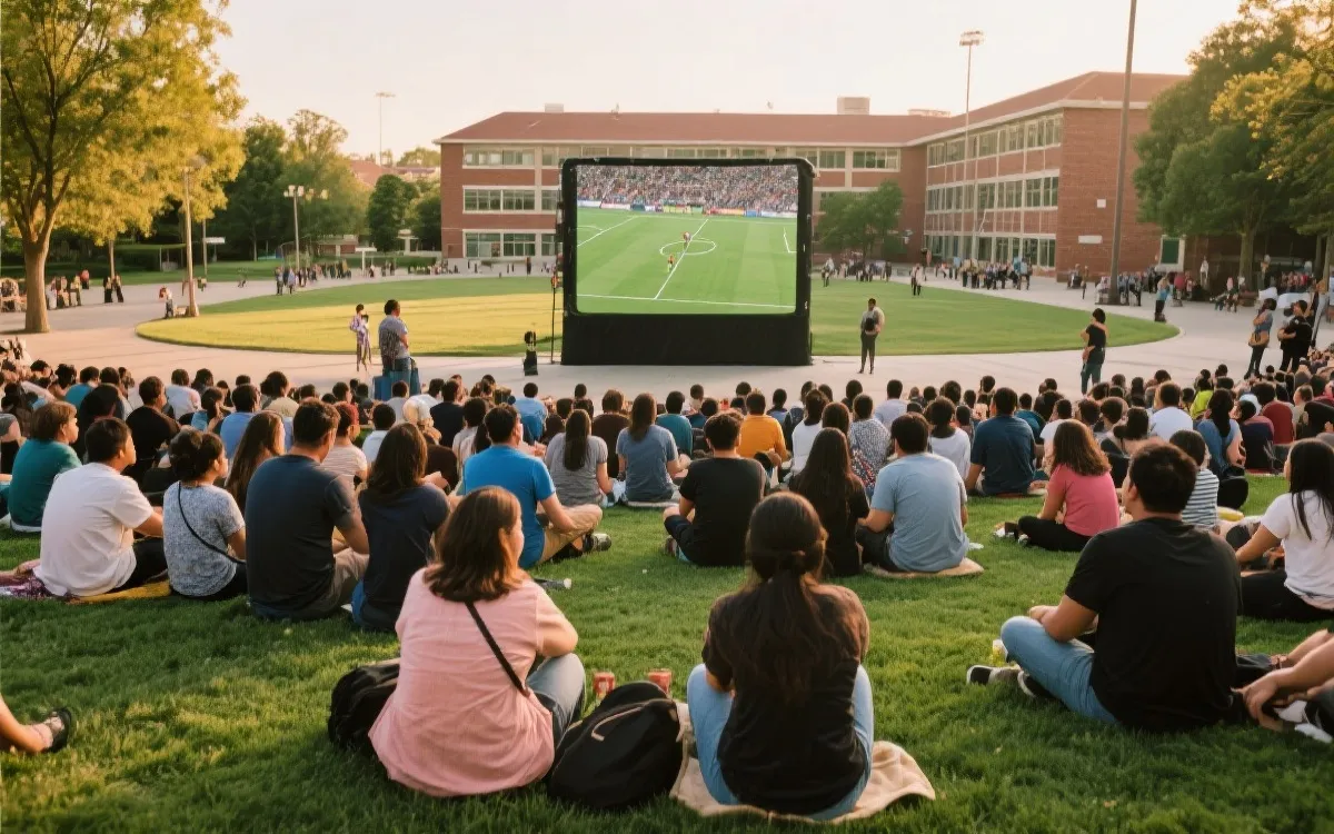 校园草地与社区广场的世界杯公共观赛：多元人群围坐看大屏