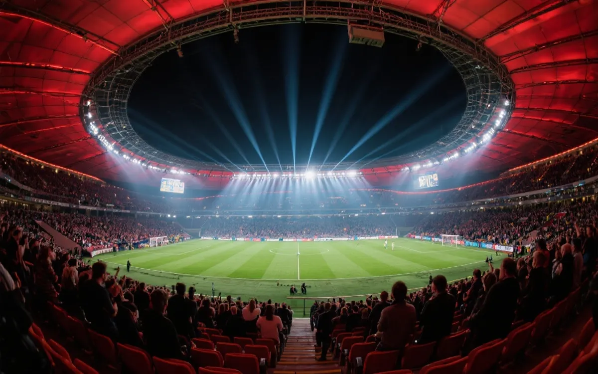 达拉斯球场看台内景与声浪氛围，夜间比赛灯光效果