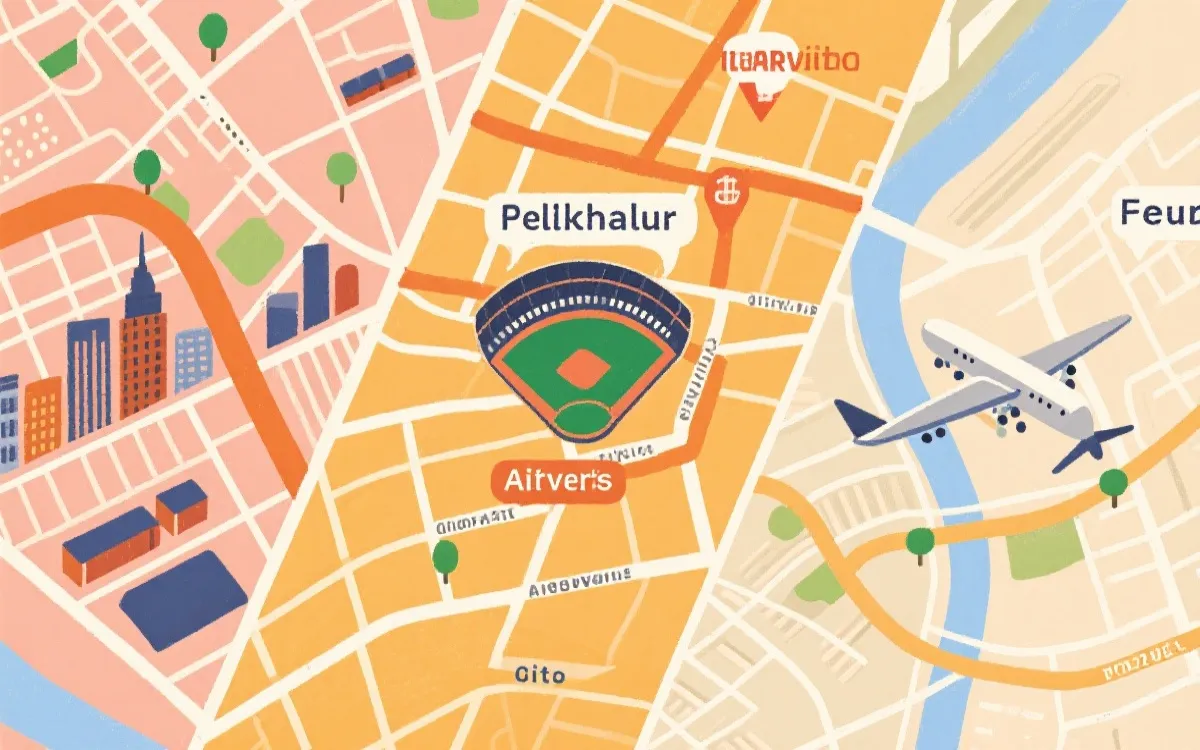 费城市中心与球场区域对比的旅行地图风格插画